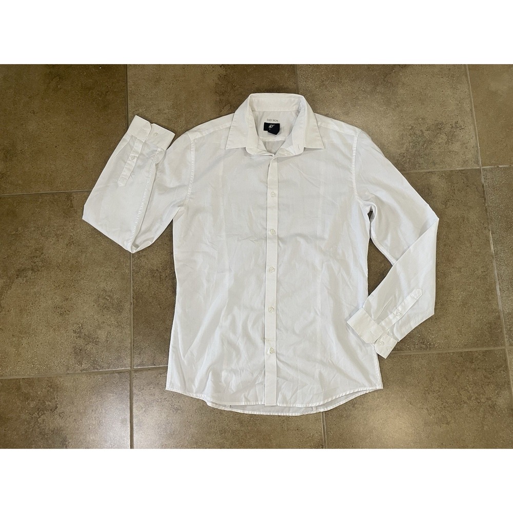 H&M White Long-Sleeve Slim Fit Men's Sz M Dress Shirt Button-Up Easy Iron - Picture 1 of 8